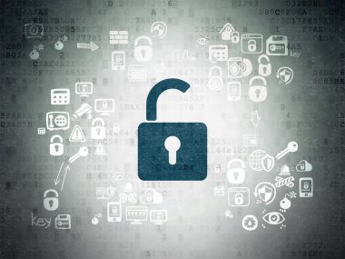 Safety concept: Opened Padlock on Digital Paper background
