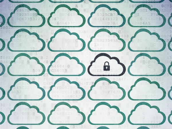 Концепция облачных сетей: облако с иконкой замка на фоне цифровой бумаги — стоковое фото