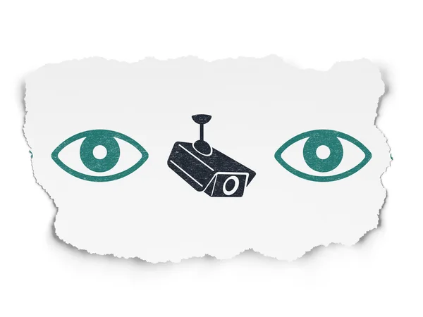 Концепция безопасности: значок камеры видеонаблюдения на фоне порванной бумаги — стоковое фото
