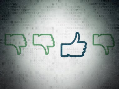 Sosyal medya kavramı: başparmak yukarı dijital kağıt arka plan üstünde kutsal kişilerin resmi