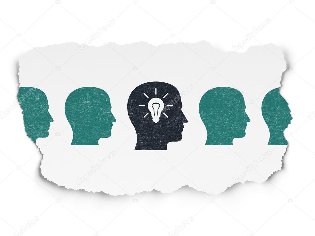 Business concept: head with light bulb icon on Torn Paper background