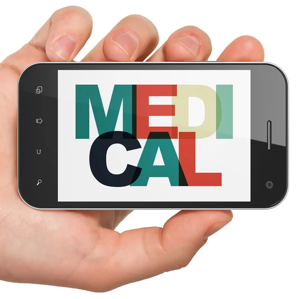 Conceito de saúde: mão segurando Smartphone com médico em exposição — Fotografia de Stock