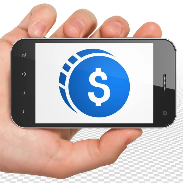 Banking concept: Hand Holding Smartphone with Dollar Coin on display — Stockfoto