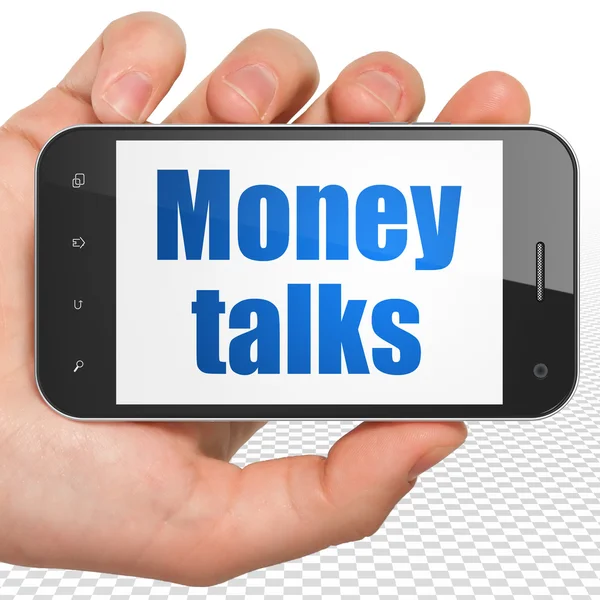 Finance concept: Hand Holding Smartphone with Money Talks on display — Stok fotoğraf