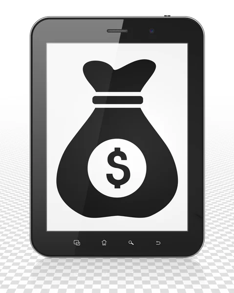 Finance concept: Tablet Pc Computer with Money Bag on display — Stock Photo, Image