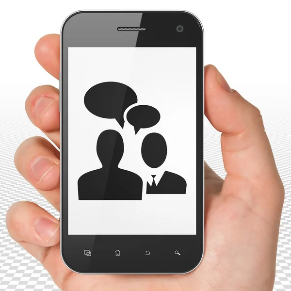 Business concept: Hand Holding Smartphone with Business Meeting on display — Stock Photo, Image