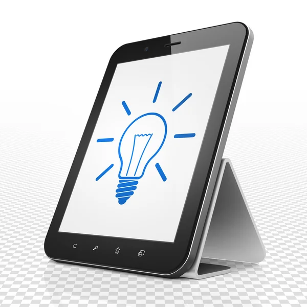 Geschäftskonzept: Tablet-Computer mit Glühbirne auf dem Display — Stockfoto