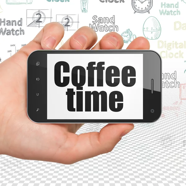 Timeline concept: Hand Holding Smartphone with Coffee Time on display — 图库照片