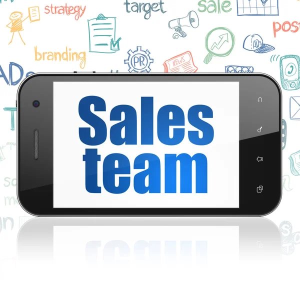 Concepto de marketing: Smartphone con equipo de ventas en pantalla — Foto de Stock