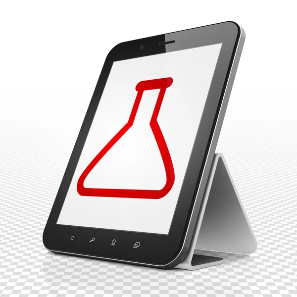 Conceito de Ciência: Tablet Computer with Flask on display — Fotografia de Stock