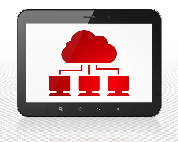 Concetto di tecnologia cloud: computer tablet PC con rete cloud in mostra — Foto Stock