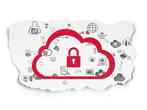Cloud networking concept: Cloud With Padlock on Torn Paper background — Stockfoto