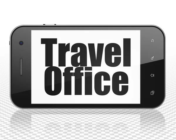 Tourismuskonzept: Smartphone mit Reisebüro im Schaufenster — Stockfoto