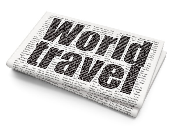 Tourism concept: Pixelated text World Travel on Newspaper background