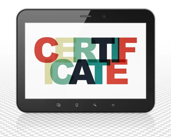 Gesetzeskonzept: Tablet-PC mit Zertifikat auf dem Display — Stockfoto