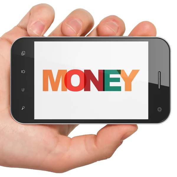 Conceito de moeda: mão segurando Smartphone com dinheiro em exibição — Fotografia de Stock