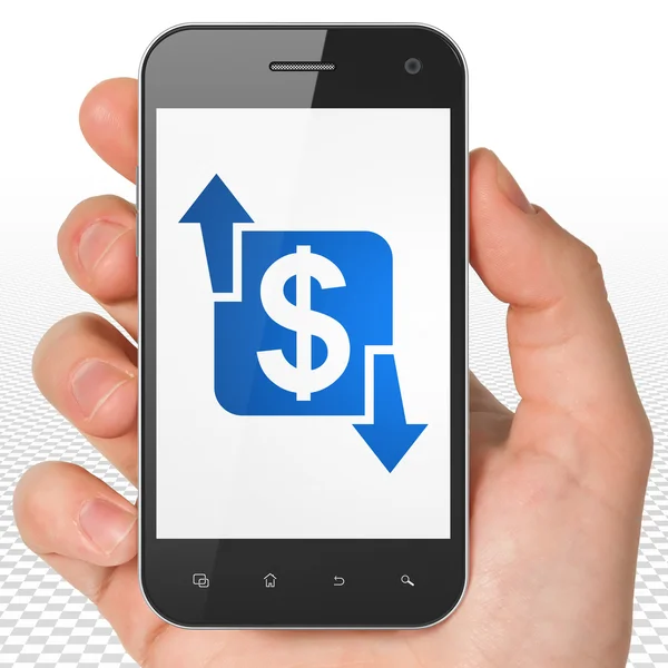 Conceito de negócio: Mão Segurando Smartphone com Finanças em exibição — Fotografia de Stock