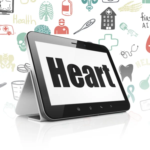 Концепція медицини: планшетний комп'ютер з серцем на дисплеї — стокове фото