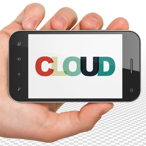 Cloud nätverkskoncept: Hand hålla Smartphone med moln på displayen — Stockfoto