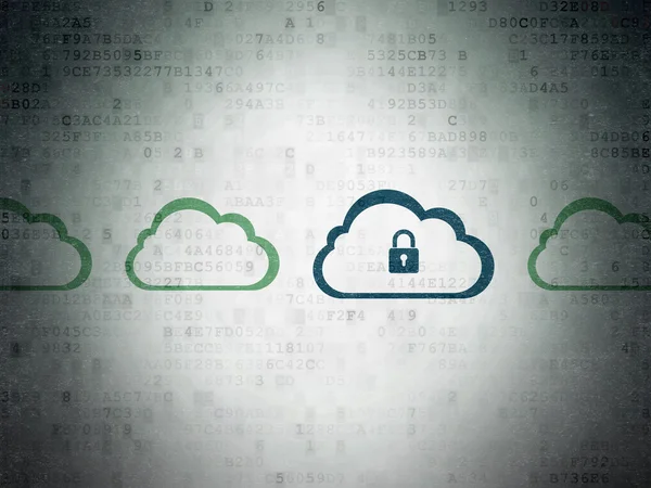 Návrh technologie cloud: cloud ikonou visacího zámku na digitální papír na pozadí — Stock fotografie