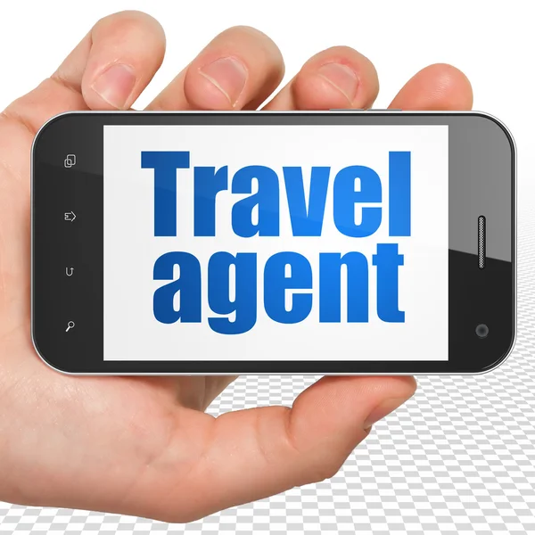 Концепция путешествий: Hand Holding Smartphone with Travel Agent on display — стоковое фото