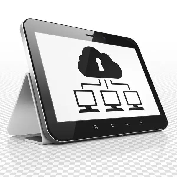 Concetto di privacy: computer tablet con rete cloud in mostra — Foto Stock