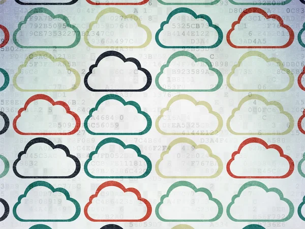 Concepto de tecnología en la nube: iconos de la nube en papel digital —  Fotos de Stock