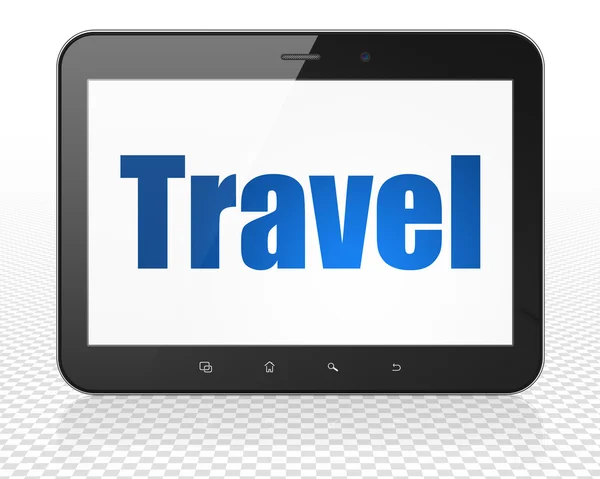 Концепція подорожі: планшет ПК Комп'ютер з подорожами на дисплеї — стокове фото