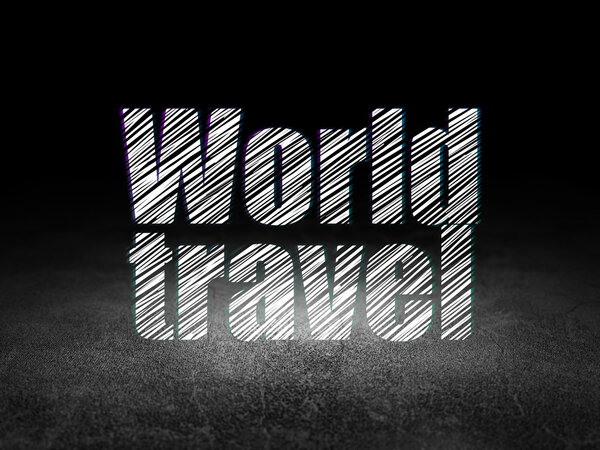 Travel concept: Glowing text World Travel in grunge dark room with Dirty Floor, black background