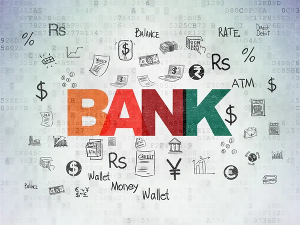 Концепція грошей: Банк на фоні цифрового паперу — стокове фото