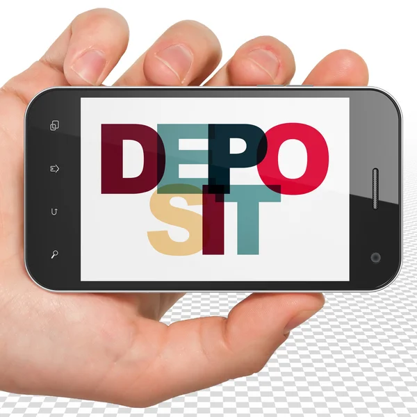 Currency concept: Hand Holding Smartphone with Deposit on  display — Stockfoto