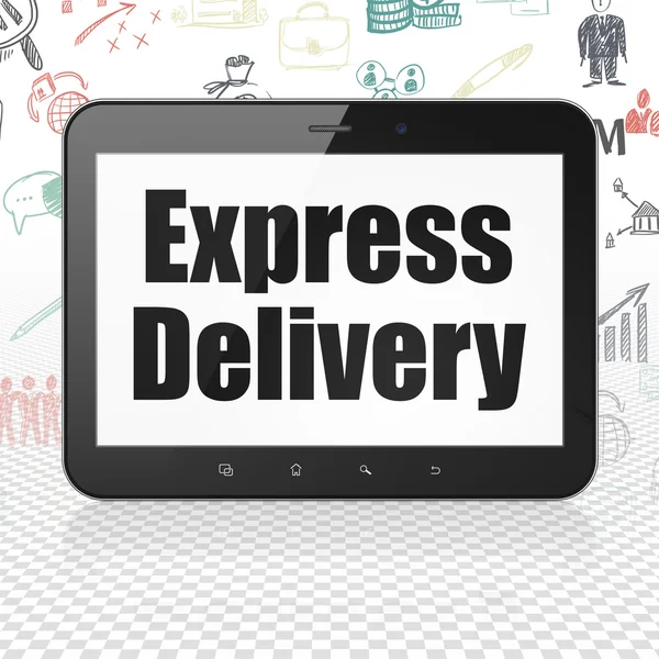 Conceito de negócio: Tablet Computer com entrega expressa em exibição — Fotografia de Stock