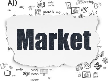 Reklam kavramı: Pazar yırtılmış kağıt arka plan üzerinde