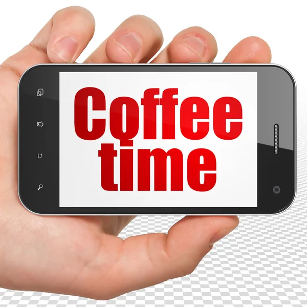 Концепция времени: ручной смартфон с кофеваркой на дисплее — стоковое фото