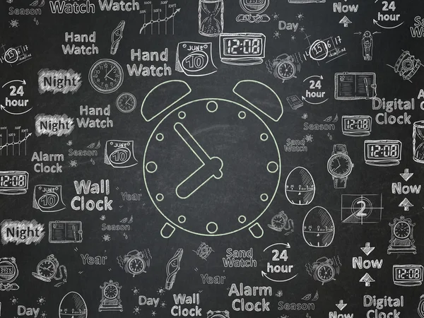 Концепція часової лінії: Годинник нагадування на фоні шкільної дошки — стокове фото