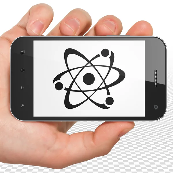 Conceito de ciência: Mão Segurando Smartphone com Molécula em exibição — Fotografia de Stock