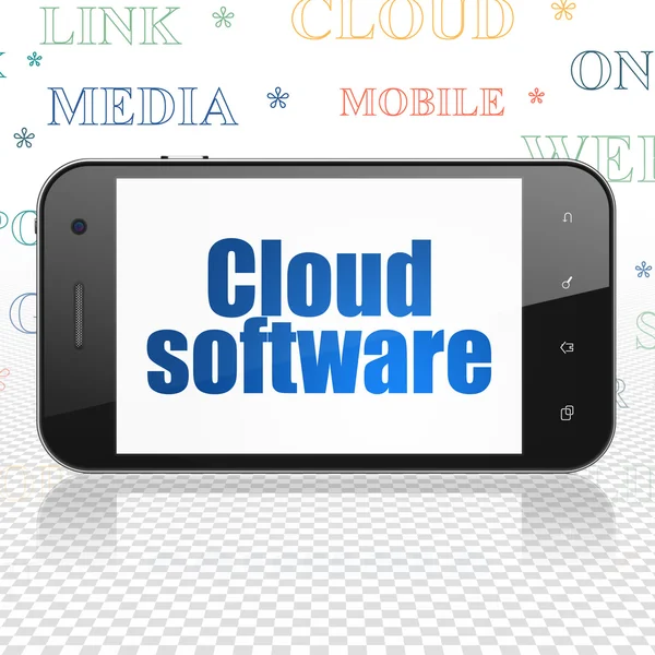 Cloud networking concept: Smartphone with Cloud Software on display — Stok fotoğraf