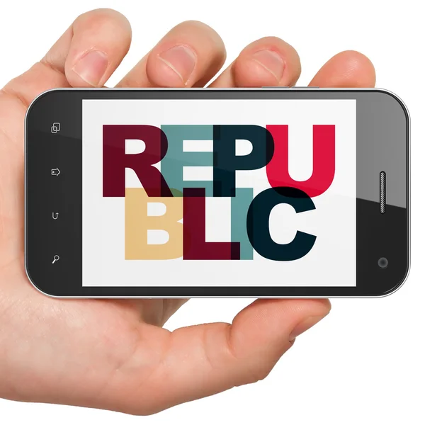 Political concept: Hand Holding Smartphone with Republic on  display — Stockfoto