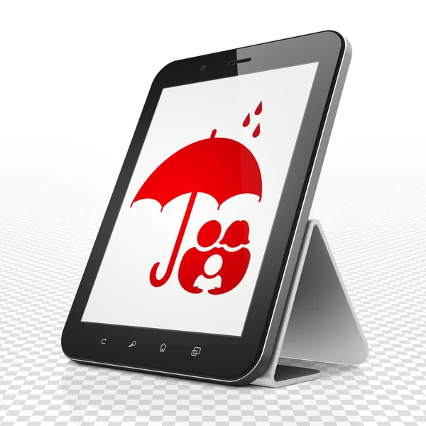 Insurance concept: Tablet Computer with Family And Umbrella on display — Stock fotografie