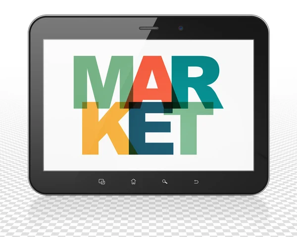 Marketingkonzept: Tablet-PC mit Markt auf dem Display — Stockfoto