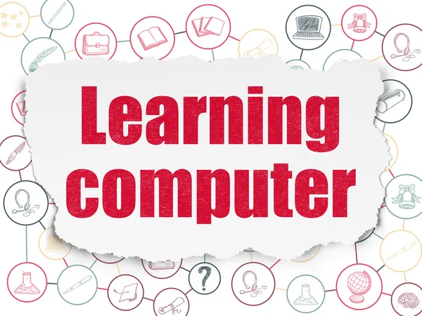 Učební koncept: učení počítač na roztrhané papírové pozadí — Stock fotografie