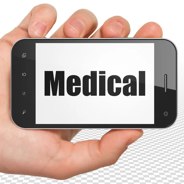 Tıp kavramı: el Smartphone ile tıp ekranda Holding — Stok fotoğraf
