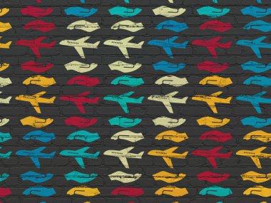 Insurance concept: Airplane And Palm icons on wall background