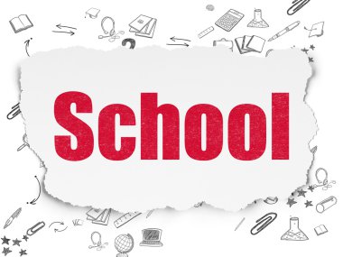 Kavram öğrenme: okul yırtılmış kağıt arka plan üzerinde