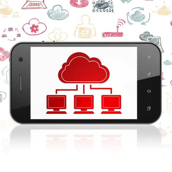 Концепция облачных сетей: Смартфон с облачной сетью на дисплее — стоковое фото