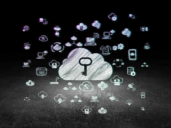 Cloud computing concept: Cloud met sleutel in grunge donkere kamer — Stockfoto