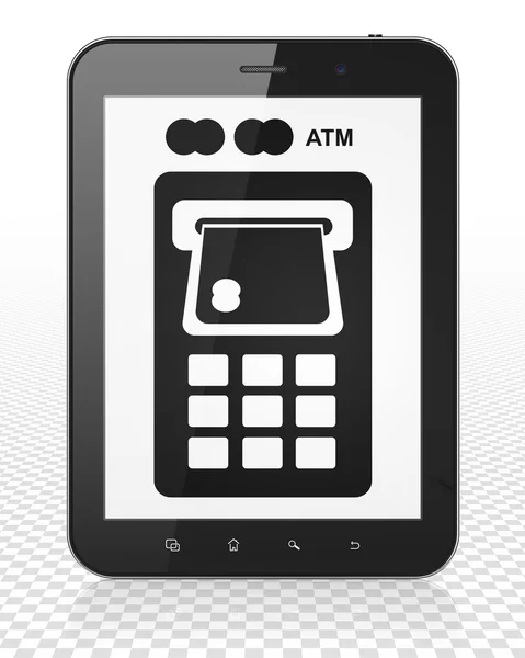 Concepto de moneda: Tablet PC Ordenador con cajero automático en pantalla — Foto de Stock
