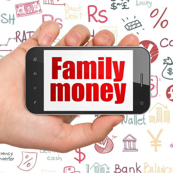 Banking concept: Hand Holding Smartphone with Family Money on display — 图库照片