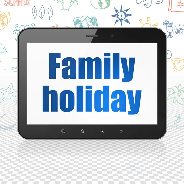 휴가 개념: 태블릿 컴퓨터 디스플레이에 가족 휴가 — 스톡 사진