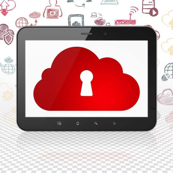 Conceito de computação em nuvem: Tablet Computer with Cloud With Keyhole em exibição — Fotografia de Stock